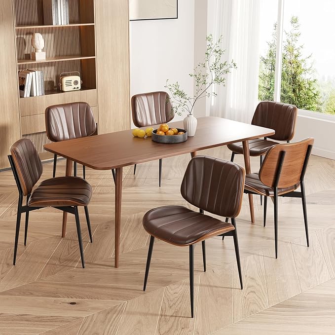 Dining Chairs Set of 2, Mid Century Modern Dining Room Chair, Upholstered Faux Leather Kitchen Chairs with Walnut Bentwood Back and Metal Legs for Kitchen Dining Living Room, Coffee