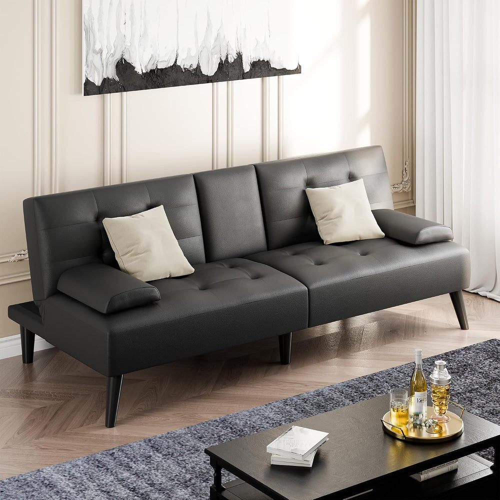 Shintenchi 64" Futon Sofa Bed, Leather Foldable Couch, Upholstered Loves...