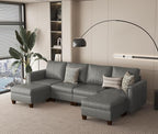 SITJOY 118" Faux Leather Modular Sectional Sofa with Storage, Mid Century Modern Sectional Couches for Living Room, Soft Padded Armrests, 4 Seater U-Shaped Couch with Ottoman, Gray