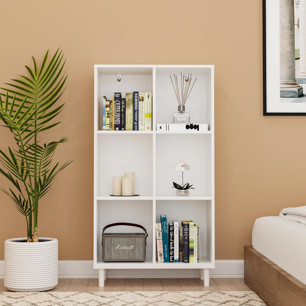Wood Cube Storage Organizer White Bookshelf - 3-Tier Freestanding Storage Cabinet with Legs for Home Office, 6-Cubes Open Shelf