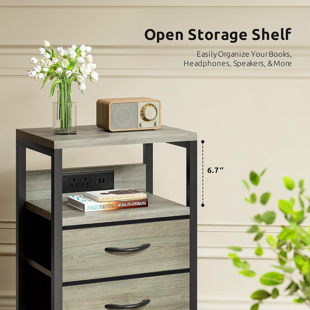 Lazzanto Night Stand with Charger Station, 4 Fabric Drawers, Grey | Nightstan...