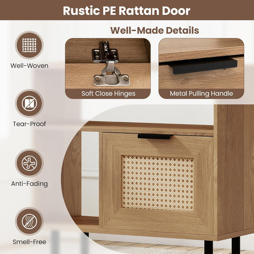 Giantex Rattan End Table with Cabinet, Boho Nightstand with Storage Shelves, ...