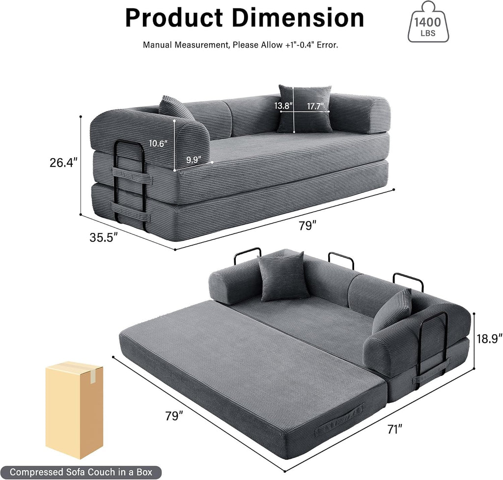 79" Convertible Sofa Bed, Boneless Sleeper Futon Couch for Living Room | 5-in-1 Sleeper Sofa, Boneless Pull Out Couches with Soft Corduroy, No Assembly Required, Apartment Friendly, Dark Grey