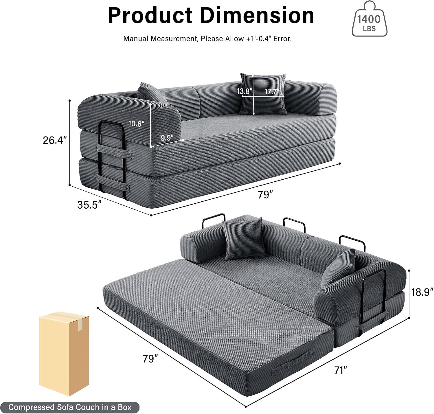 79" Convertible Sofa Bed, Boneless Sleeper Futon Couch for Living Room | 5-in-1 Sleeper Sofa, Boneless Pull Out Couches with Soft Corduroy, No Assembly Required, Apartment Friendly, Dark Grey