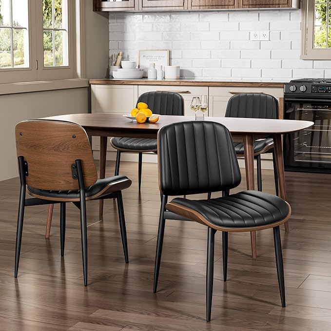 Dining Chairs Set of 8, Mid-Century Modern Upholstered PU Leather Chairs with Walnut Bentwood Back and Metal Legs Adjustable Feet for Kitchen Dining Living Room, Dark Black Vertical Stripes