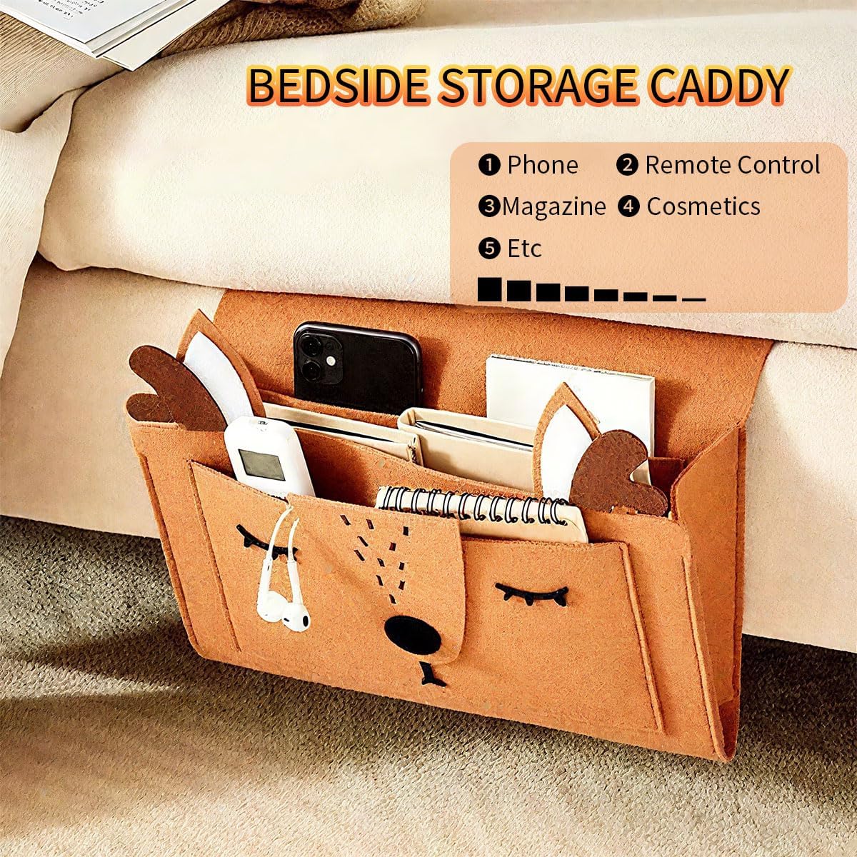 Bedside Storage Caddy Hanging Organizer Bag, Book Magazine Holder, for Magazine, Tablet, Phone, Remotes Glasses, Cute Christmas Elk Design, Brown