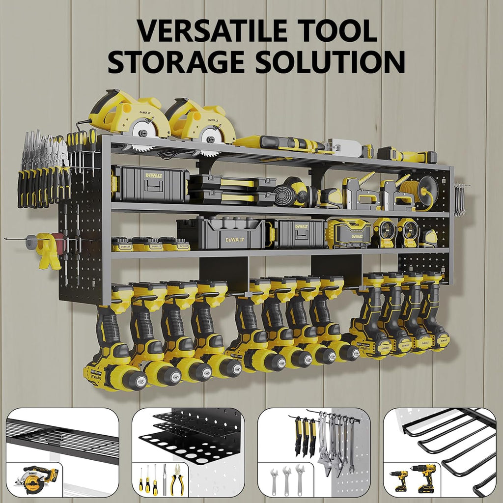 49" W Large Power Tool Organizer Wall Mount, 4 Layer Heavy Duty Metal Tool Storage Rack with 12 Drills Holder, Utility Racks for Garage Workshop, Ideal Garage Organization