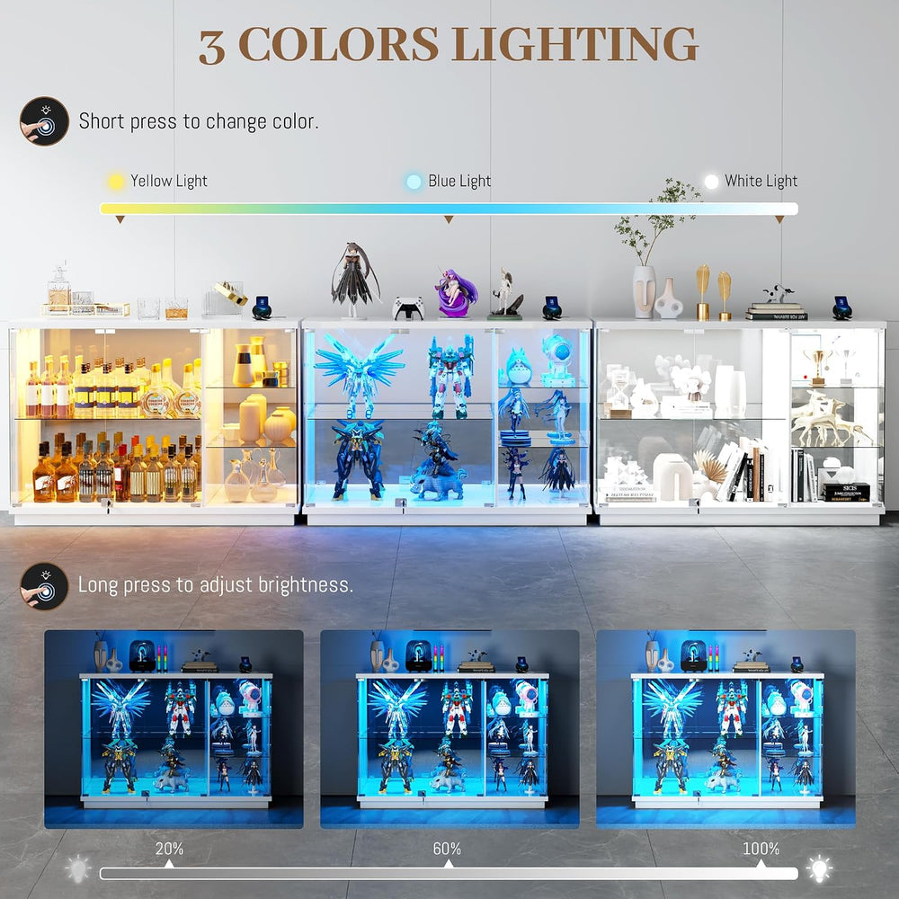 Gurexl 47.2" W Glass Display Cabinet with 3-Color LED Lights, 5-Tier Loc...