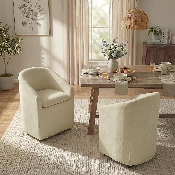 Upholstered Dining Chairs with Casters, Washable Cover Modern Dining Room Chairs with Barrel Backrest & Dual Armrest for Kitchen, Living Room, Bedroom, Sand Fabric, 4PCS