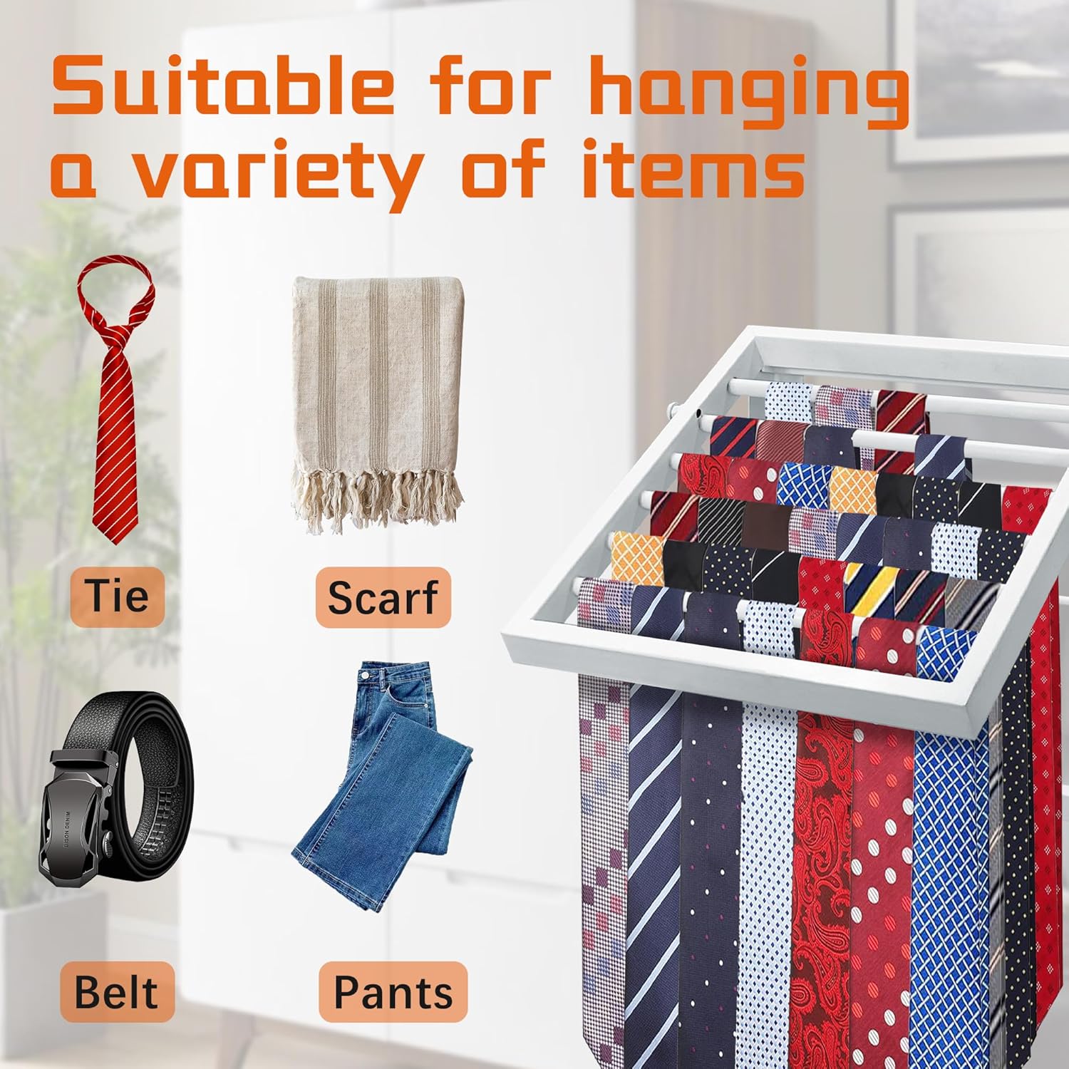 Tie Rack Wall Mounted, Adjustable Angle Tie Organizer for 60 Ties & Scarves | Holds up to 60 Ties, 10 Angle Slots, Wall-Mounted Easy Installation, Long-Lasting Design