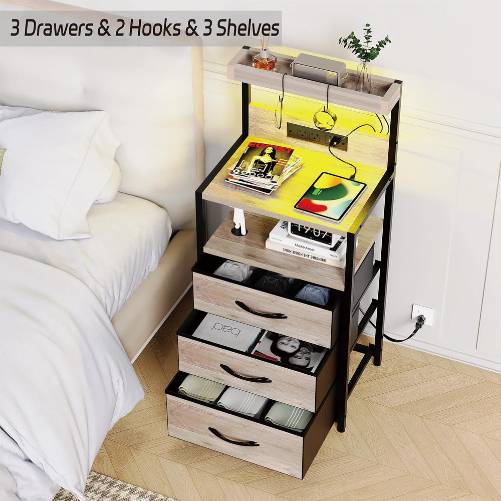 SZLHANJZ Nightstand Set of 2, with Charging Station, 3 Fabric Drawers