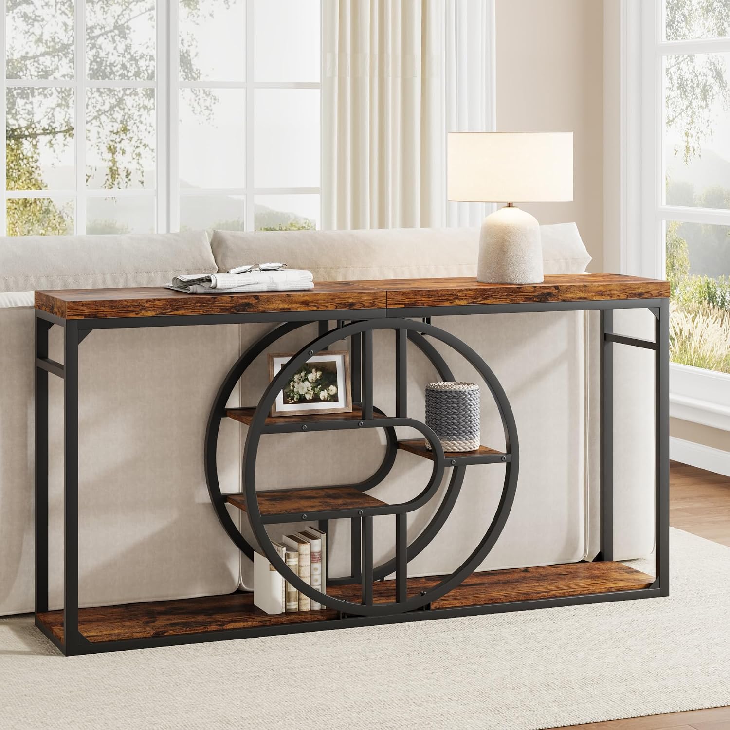 GAOMON 55 Inch Industrial Narrow Console Table, 5-Tier Entryway Table with O-Shaped Metal Frame, Extended Storage Sofa Table for Hallway, Entrance, Living Room
