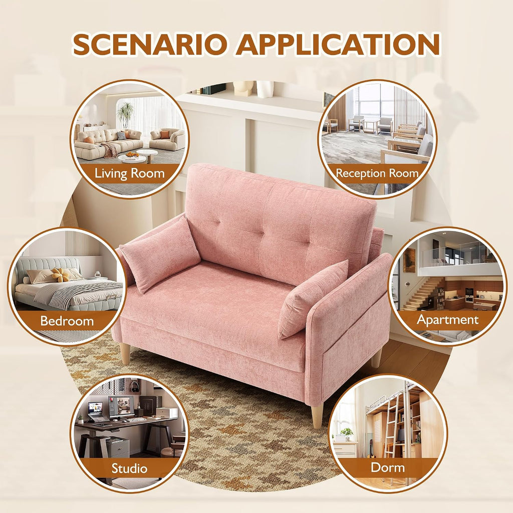 Urhanherry 47" Small Sofa Couch for Bedroom, Soft Chenille loveseat Mini Couch with Throw Pillow and Removable Cushion Cover for Small Spaces, Living Room, Apartment, Dorm, Office(Pink)