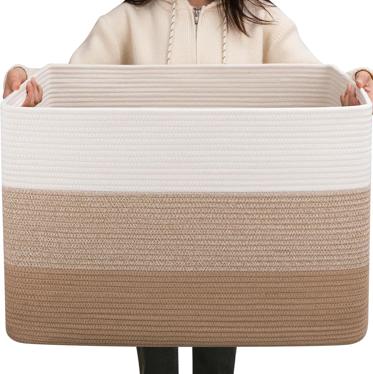 OIAHOMY 108L Super Large Blanket Basket, 25”x16”x16” Rectangle Woven Baskets for Storage, Cotton Rope Basket For Living Room, Toy Storage with Handle- Gradient Light Brown