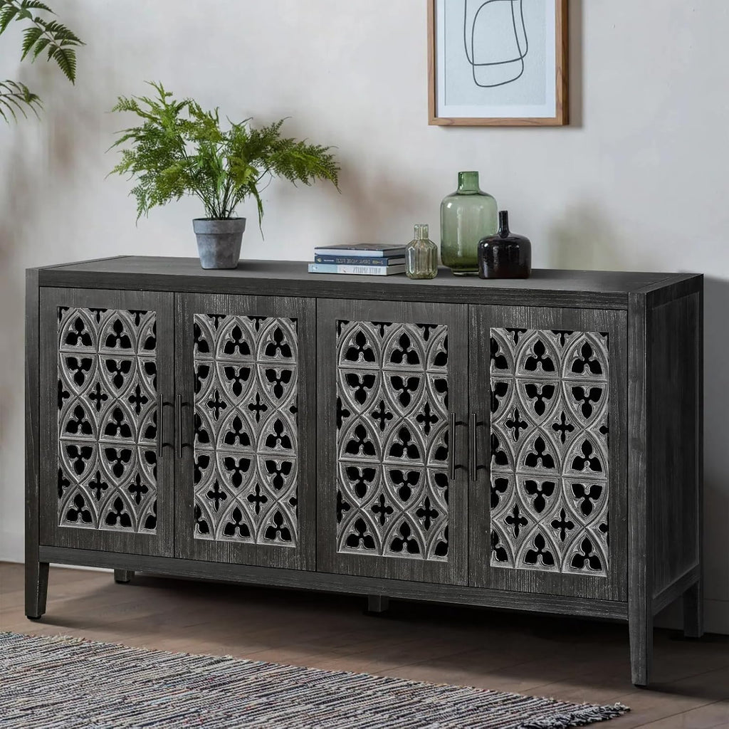Buffet Sideboard Credenzas for Living Room, 60" Entryway Table with Storage Accent Cabinet, Hollow Carved Doors, Antique Black