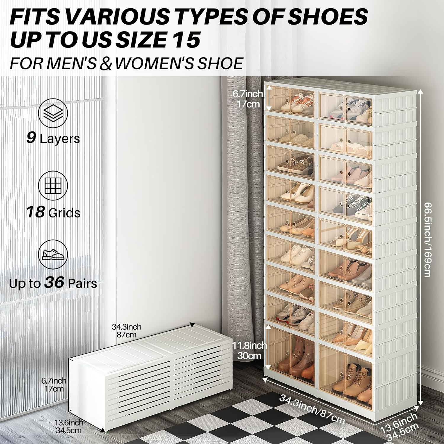 Redlife 9 Tier 36 Pairs Foldable Shoe Rack Organizer | Clear Portable Plastic Shoes Rack, Collapsible Shoes Storage Box with Lids Door, Large Tall Shoe Cabinet for Closet