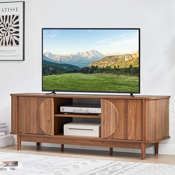 Turtle&Myrtle Mid Century Modern TV Stand 60”, Wood TV Console with Storage for TVs Up to 70 inches, Fluted Sliding Doors, Entertainment Center Media Cabinet for Living Room & Bedroom (Walnut Brown)