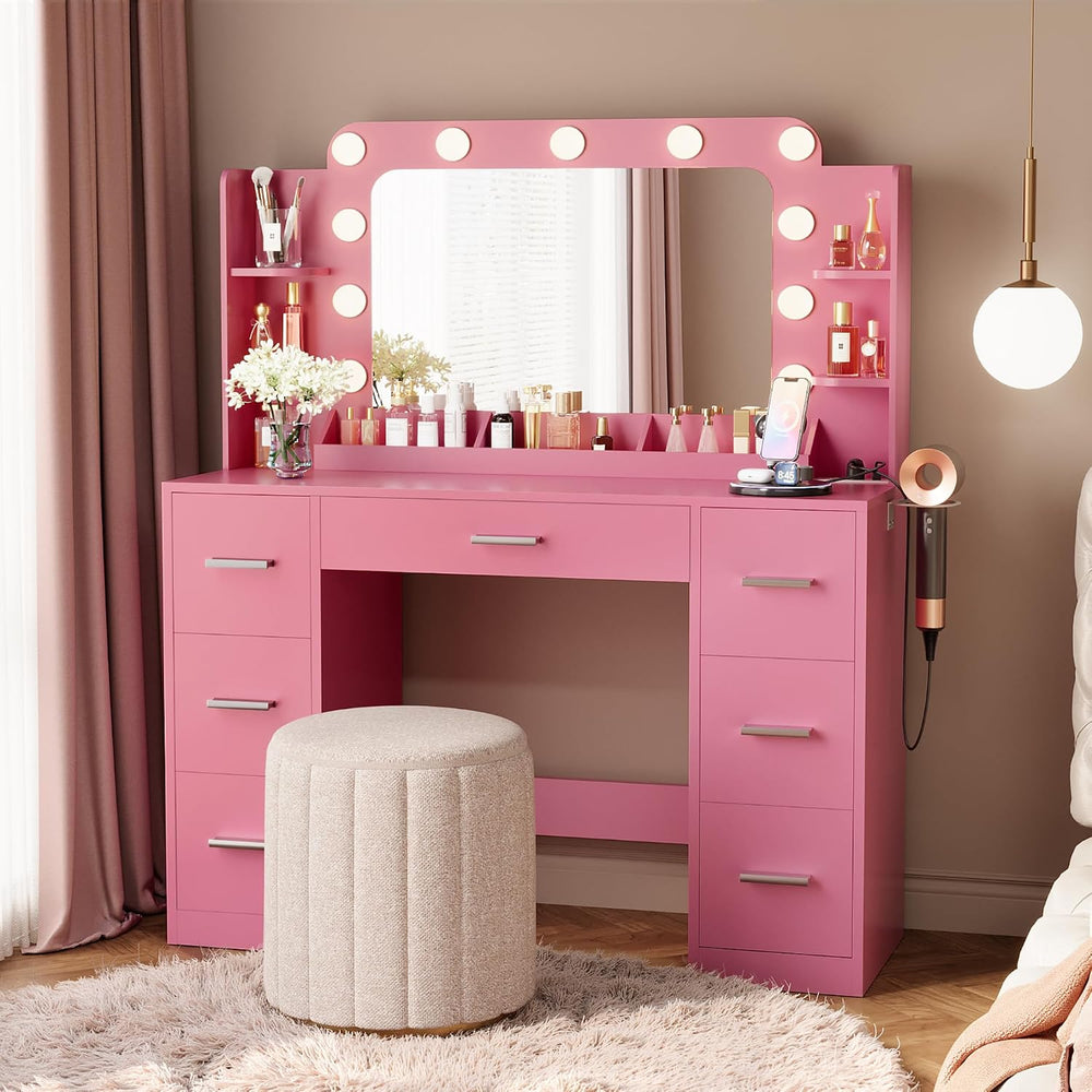 Furmax Vanity Desk with Hollywood Style Mirror with LED Lights, Makeup Table ...