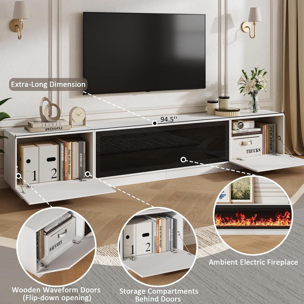 94.5" Fireplace TV Stand, Fluted TV Stands for Living Room, White | Entertainment Center with Unheated Electric Fireplace, 5 Flame Brightness & 12 Colors, Modern TV Consoles for Living Room