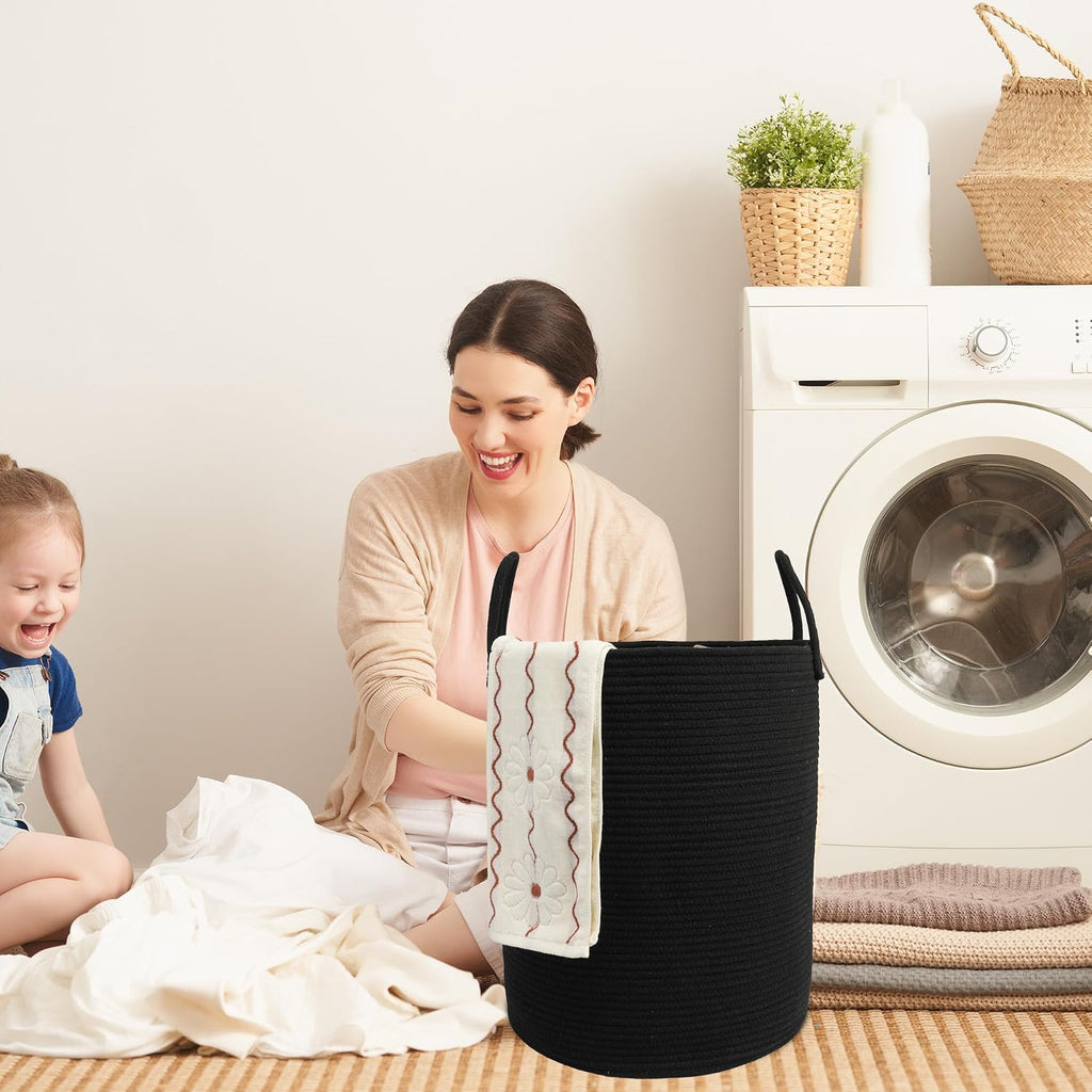 Woven Cotton Rope Laundry Basket, 15" x 20" Laundry Hamper, Black | Rope storage basket for dirty clothes, toys and blankets. Perfect for bathroom, baby nursery and living room storage.