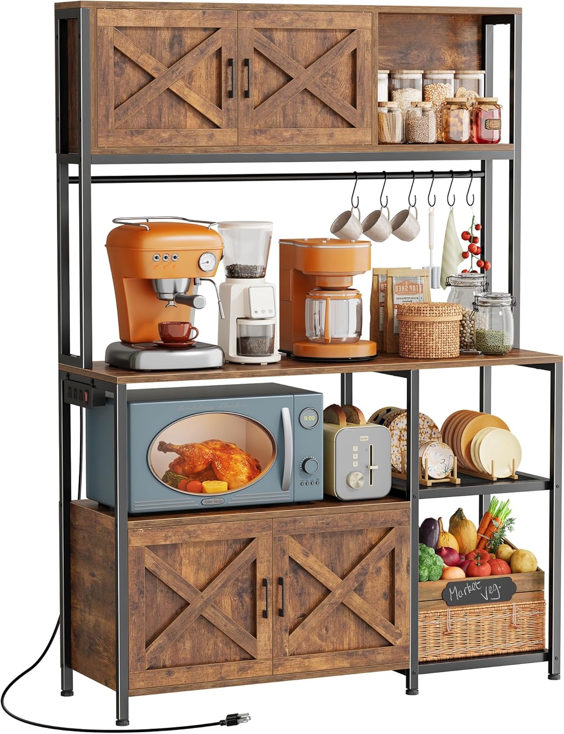 Huuger Large Bakers Rack with Power Outlet, Kitchen Microwave Stand with Cabinets, Coffee Bar Table Station with Storage, 6 S-Shaped Hooks, Mesh Shelves, 45 Inch Wooden Top, Rustic Brown