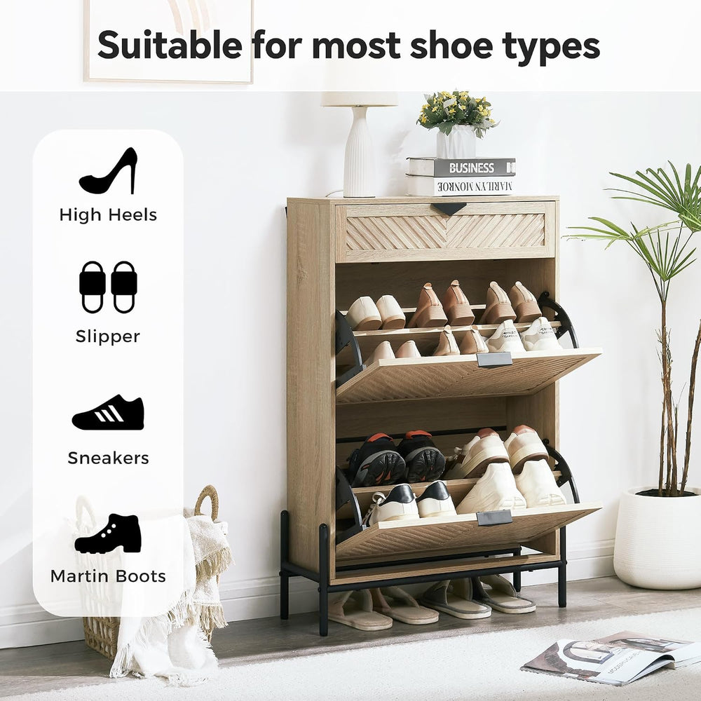 Shoe Cabinet with 2 Flip Drawers, Narrow Entryway Rack, Oak