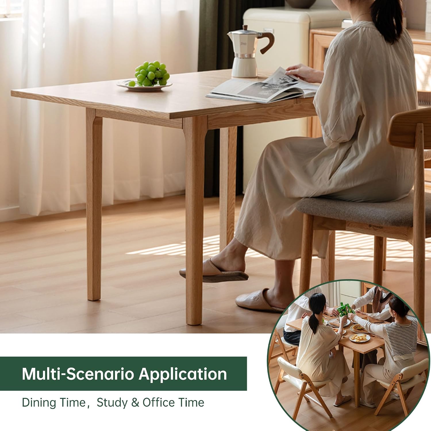 31"-47" Foldable Dining Table and Chairs Set for 4, Solid Wood Extendable Kitchen Table with Oak Wood Legs, Space-Saving Dinner Tables for Living Room, Kitchen (Original, 1table+4cushion chairs)