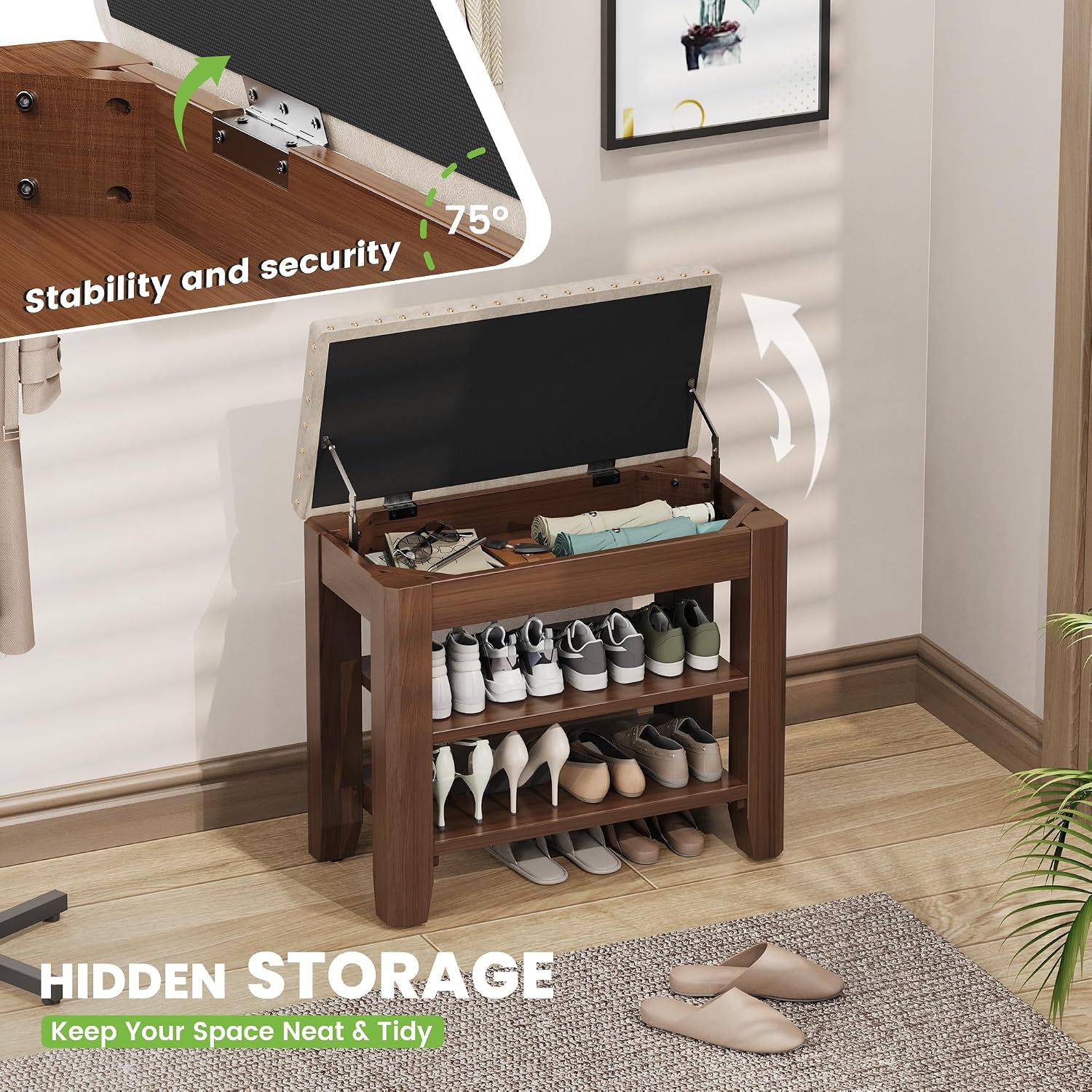 Shoe Bench for Entryway, Solid Rubberwood Shoe Bench with Hidden Storage, Adjustable 2-Tier Shelves & Soft PU Leather Seat, Shoe Rack Durable Easy Assembly for Hallway or Bedroom - Beige, 23.6"