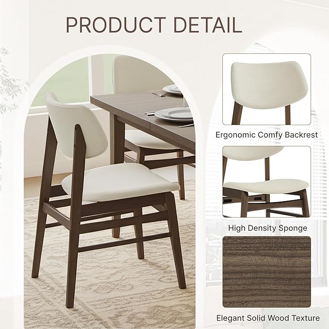 Wooden Dining Chairs Set of 4, Upholstered Modern Dining Room Chairs, Solid Oak Wood Kitchen Chairs with Soft Cushion Backrest for Farmhouse, Restaurant, Café (Cream Fabric & Walnut Color)