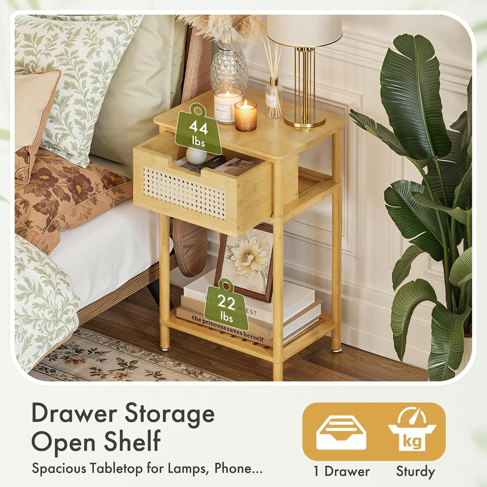 Bamboo Nightstand, Boho Side Table with Drawer and Open Shelf, 3 Tier End Tab...