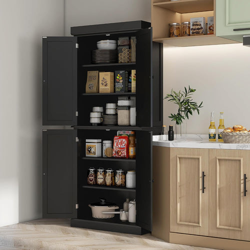 30" D*16" W*72.5" H Freestanding Kitchen Pantry with 4 Adjustable Shelves, 2 Double Doors, Rectangular Storage Cabinet, Traditional, for Living Room, Dining Room, Black