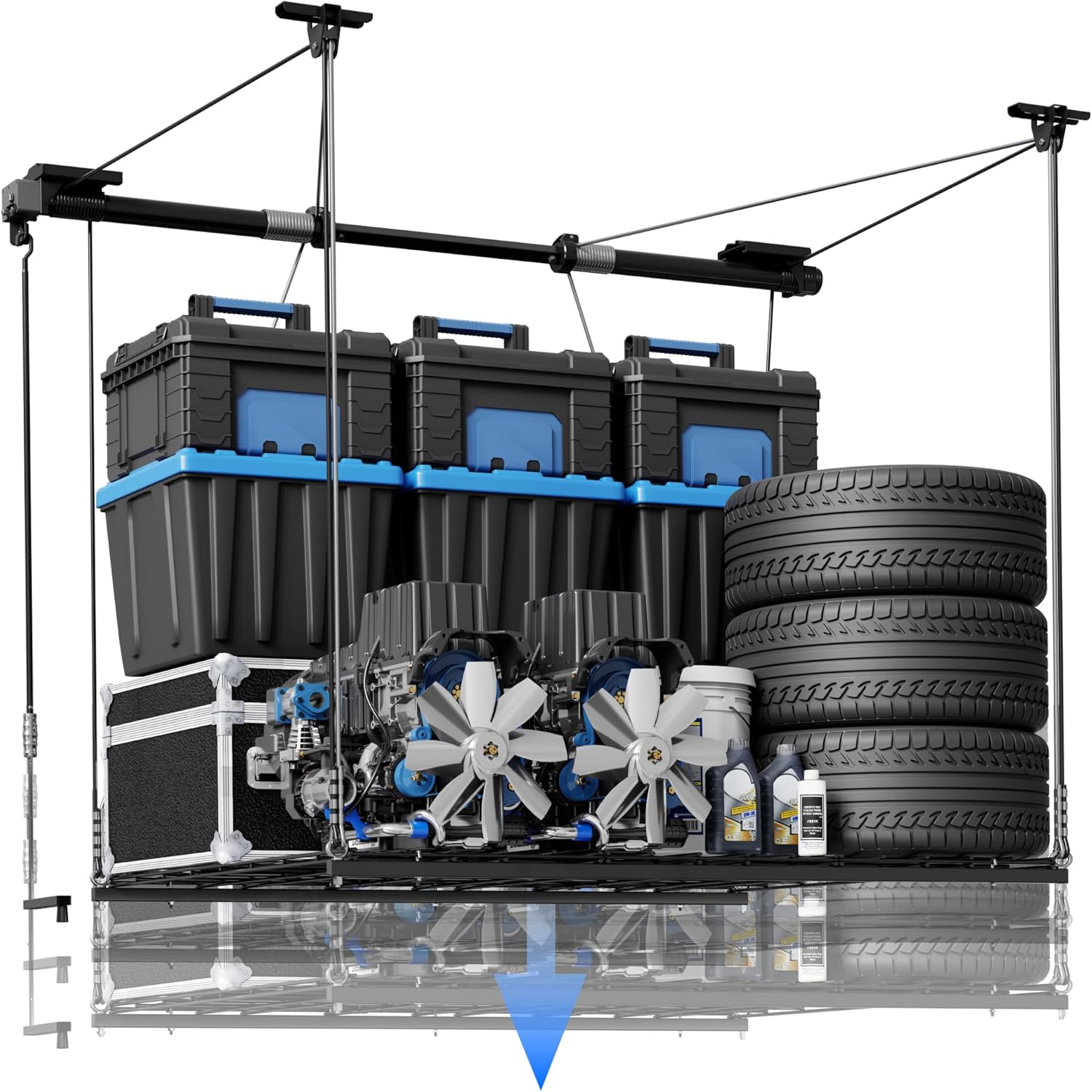 FLEXIMOUNTS GL1 Overhead Garage Lifting Storage Rack, 4x4 Ft Heavy-Duty Metal Garage Ceiling Rack, Adjustable Organization System With 71''L Axle, 350lbs Weight, Black