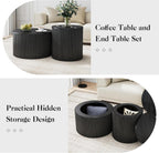 Nesting Coffee Table Set of 2, Modern Round Black Wood Coffee Table with Built-in Storage, Mid-Century Accent Side Table for Living Room, Kitchen, Small Apartment