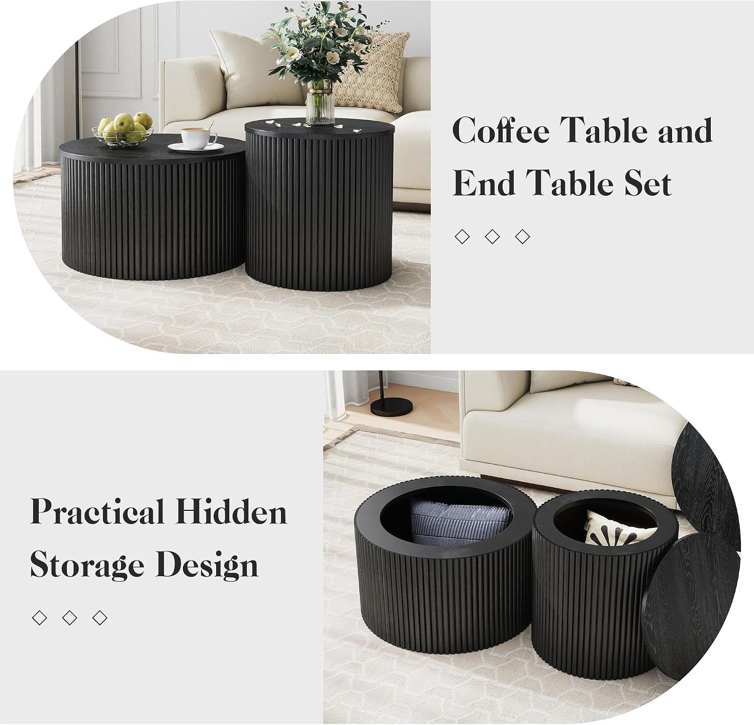 Nesting Coffee Table Set of 2, Modern Round Black Wood Coffee Table with Built-in Storage, Mid-Century Accent Side Table for Living Room, Kitchen, Small Apartment