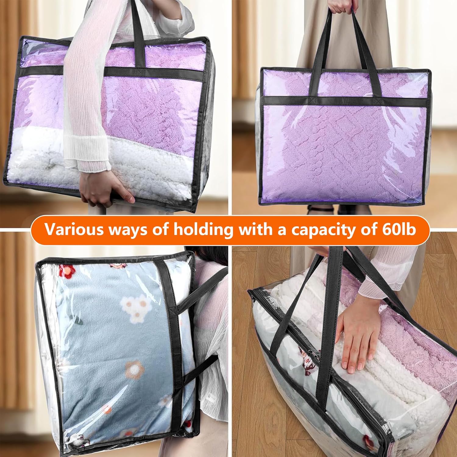 Budding Joy Clear Zippered Storage Bags for Clothes,40L Closet Organizers and Storage Containers Vinyl Moving Bag for Bedding, Linen, Blankets, Comforters, Clothing & Toys, Black, 2 Pack