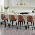 Counter Height Barstools 26 inch Upholstered Swivel Bar Stools with Back and Wood Legs for Kitchen Island,Set of 4,Brown PU Leather-Armless