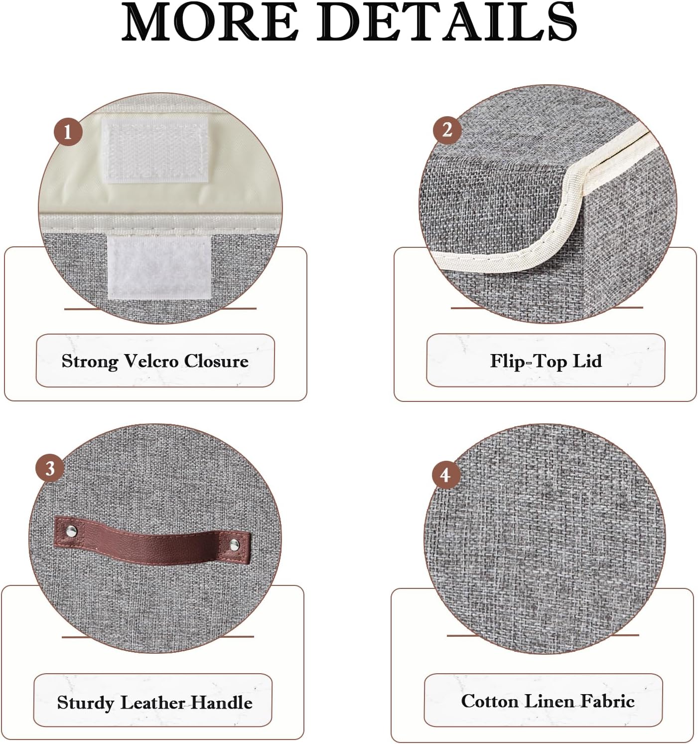 Collapsible Storage Boxes Baskets with Lid Cotton Linen Fabric Storage Bins with Faux Leather Handles Decorative Washable Cube Organizer Container for Home Closet Bedroom (Gray, Small Size)