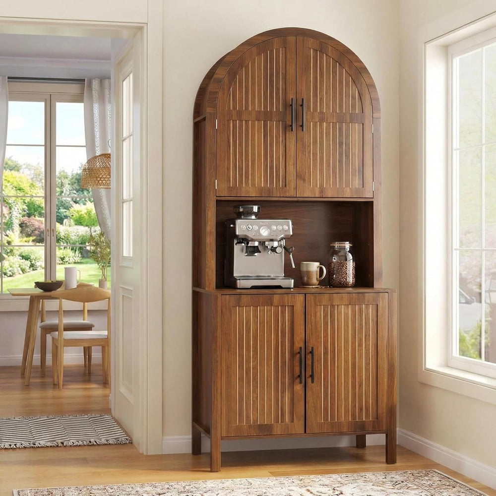 76" Tall Arched Kitchen Pantry, Large Kitchen Storage Cabinet with Flute...