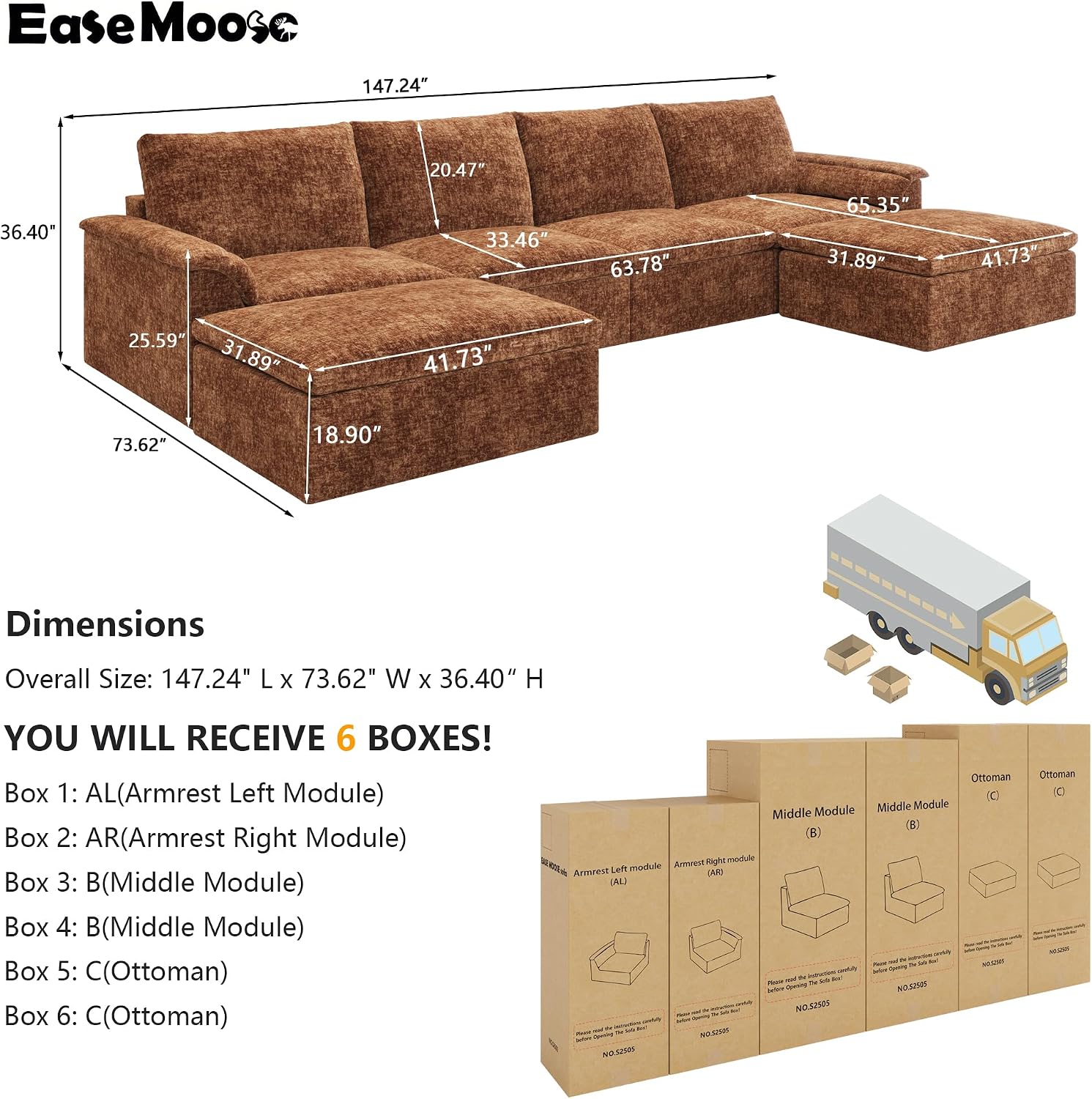 EASE MOOSE Boneless Couches for Living Room, 147" U Shaped Couch, Brown | Modular Sectional Sofa, No Assembly, Pet-Friendly Chenille Fabric, Oversized Deep Seat, Removable Covers, Anti-slip Bottom