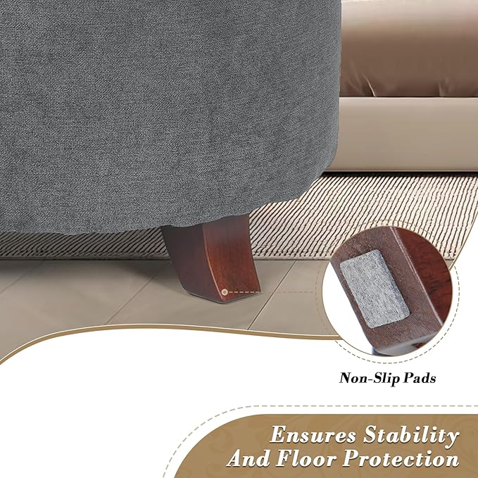 Athena Collection 15 Inch Small Ottoman with Storage, Round Linen Fabric Storage Ottoman Foot Rest with Removable Lid, Multipurpose Footstool Footrest for Living Room, Bedroom, Dorm, Dark Grey
