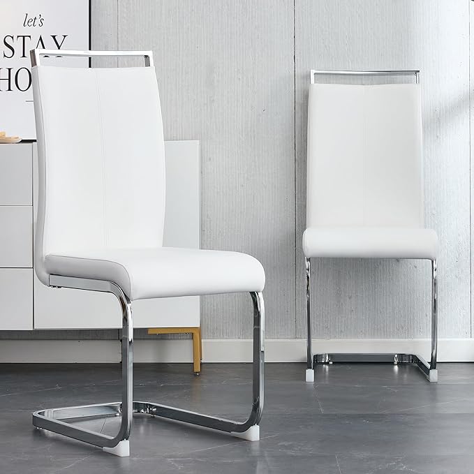 AZmac Modern Leather Dining Chairs Set of 2,Armless Kitchen Chairs,Dining Room Chairs with Upholstered Padded Seat and Sturdy Silver Chrome Legs for Dining Room,Kitchen (Set of 2, White)