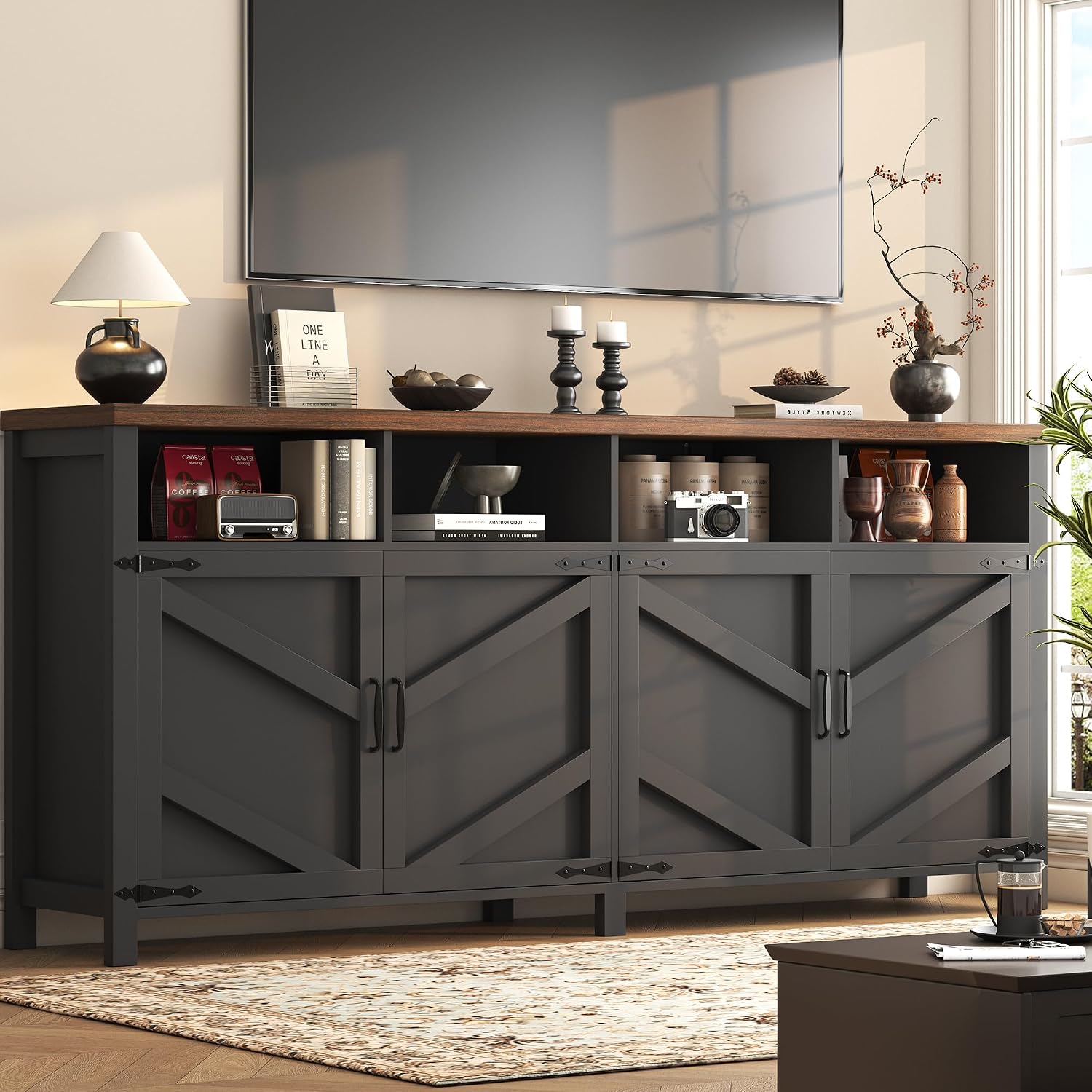 knoworld Buffet Sideboard with Storage, 63'' Large Kitchen Storage Cabinet Wood Coffee Bar Cabinet Buffet Table 4 Doors with Shelves for Kitchen, Dining Room, Entryway, Black, 63in