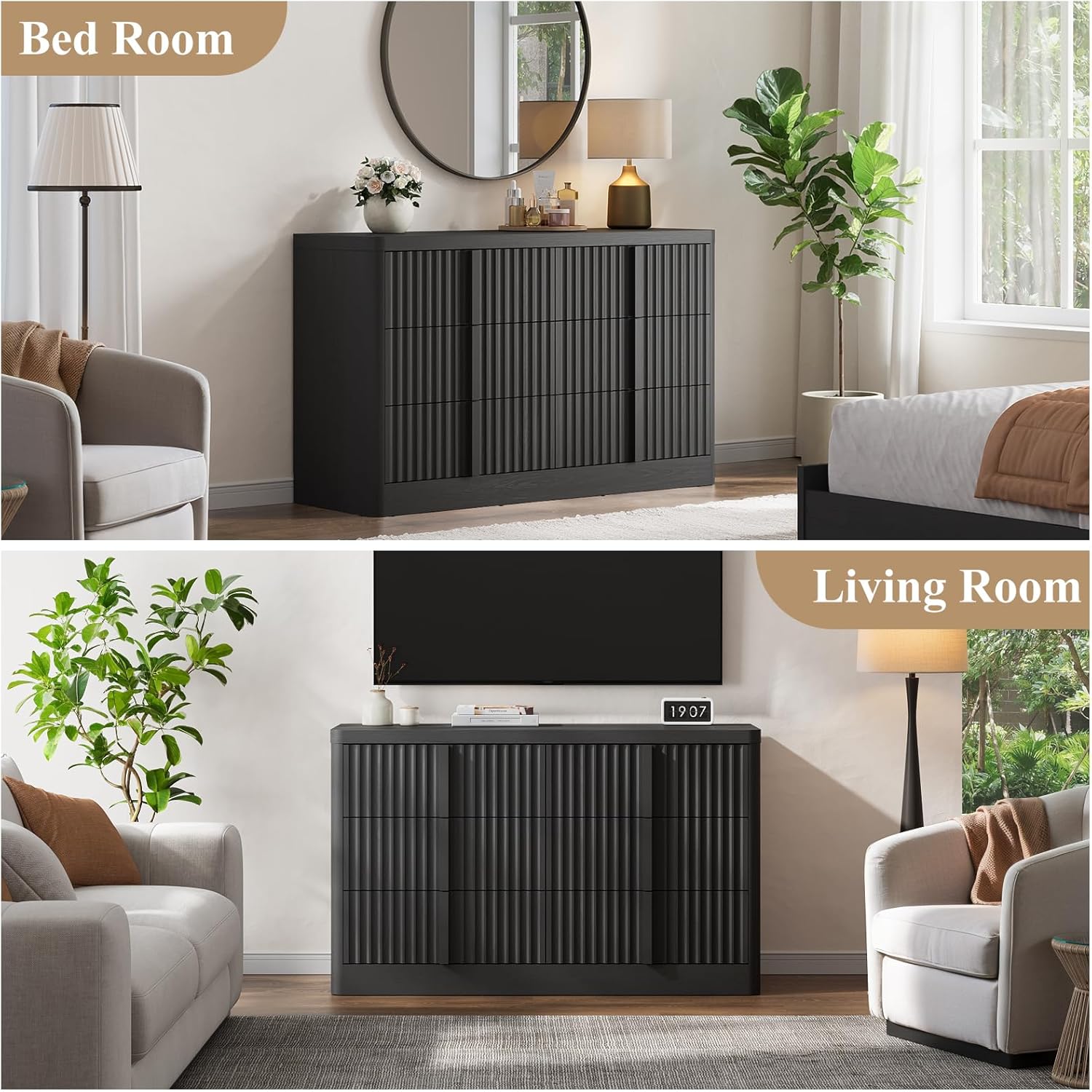 Fluted Dresser for Bedroom, 47" Wide 6 Drawer Dresser, Modern Chest of Drawers with Solid Wood Handle, Curved Profile Design, Wood Dressers Storage Organizer, Living Room, Hallway, Black