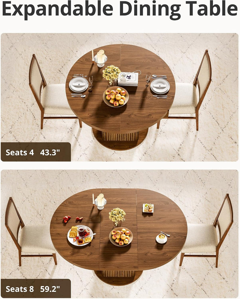 43"-59" Extendable Round Dining Table for 4-8 with Hidden Storage, ...