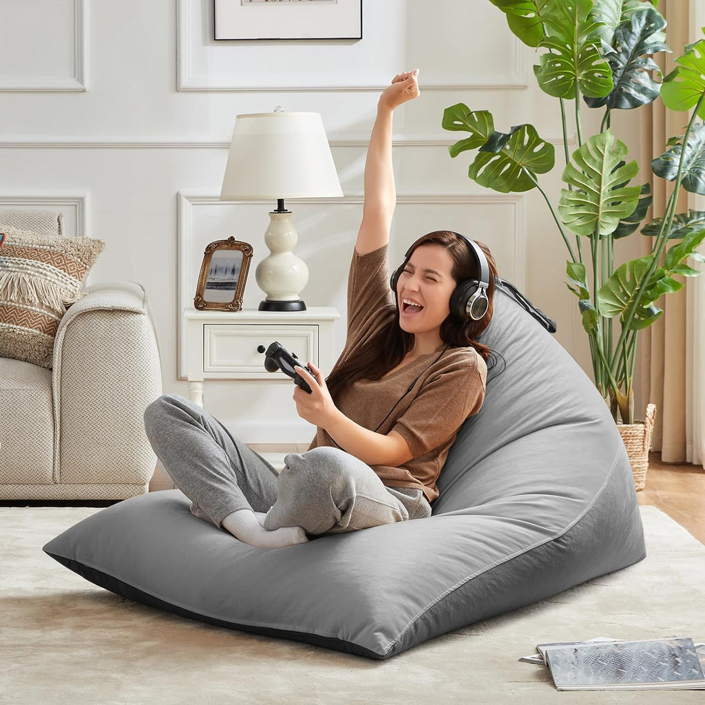 4ft Bean Bag Chair Cover with Bean Bag Inner Liner Cover (No Filler), 400L Extra Large Triangular Removable and Clean Beanbag Chair Cover Ultra Soft Lazy Sofa Premium Velvet Cover (Grey)