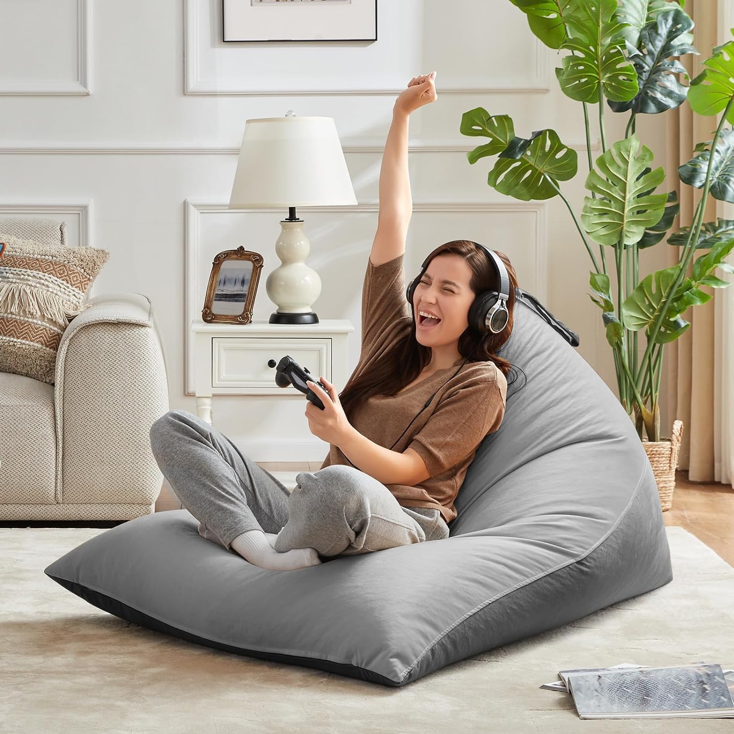 4ft Bean Bag Chair Cover with Bean Bag Inner Liner Cover (No Filler), 400L Extra Large Triangular Removable and Clean Beanbag Chair Cover Ultra Soft Lazy Sofa Premium Velvet Cover (Grey)