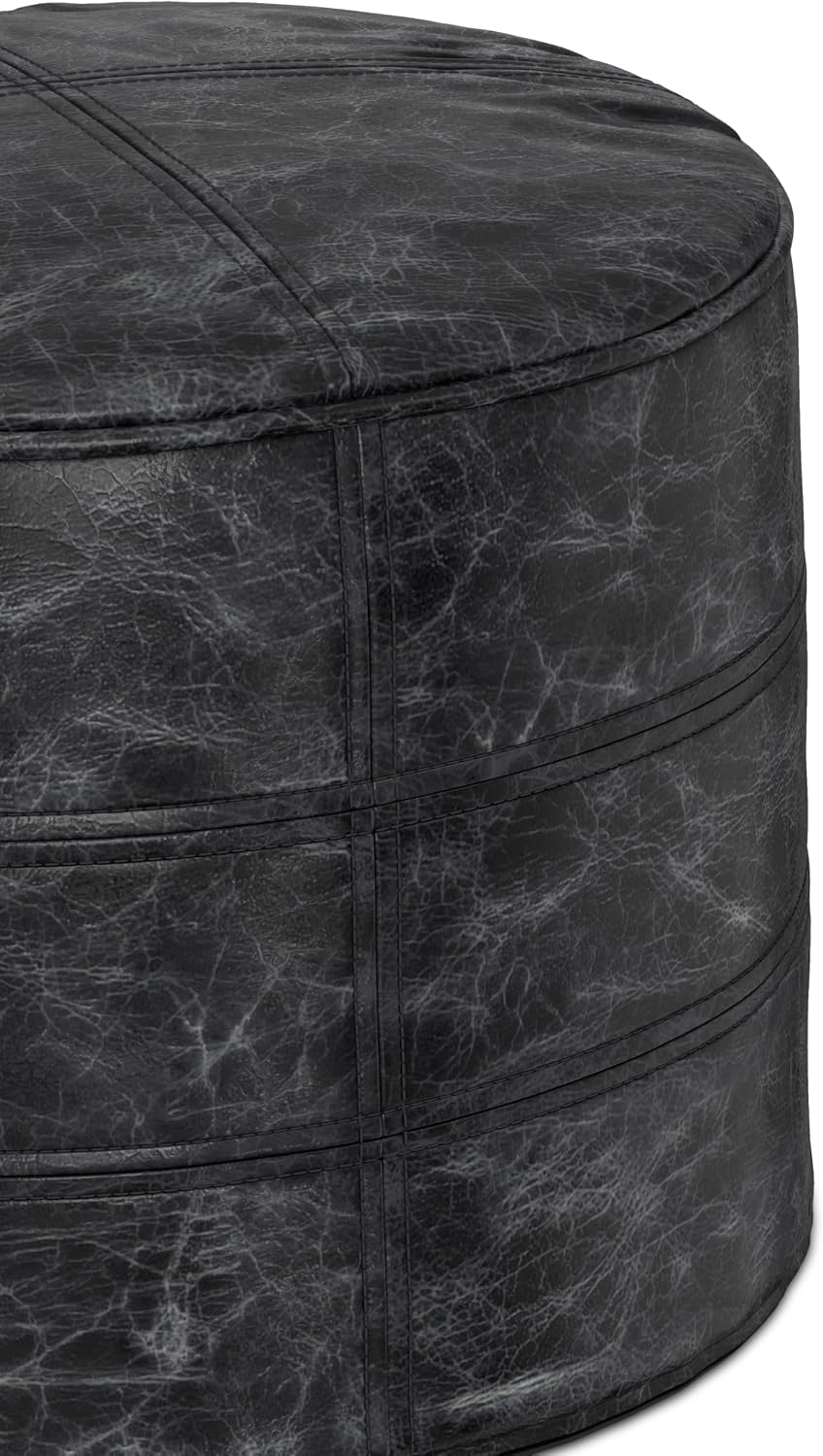 SIMPLIHOME Connor 18" Wide Round Pouf in Distressed Black Genuine Leather