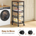 Hoctieon Rolling Storage Cart, 5-Tier 11.8" Wide Panel Kitchen Storage Cart, Utility Carts with Handle & Wheels, Mobile Shelving Unit, Metal Frame Narrow Carts for Home Kitchen, Laundry, Rustic Brown