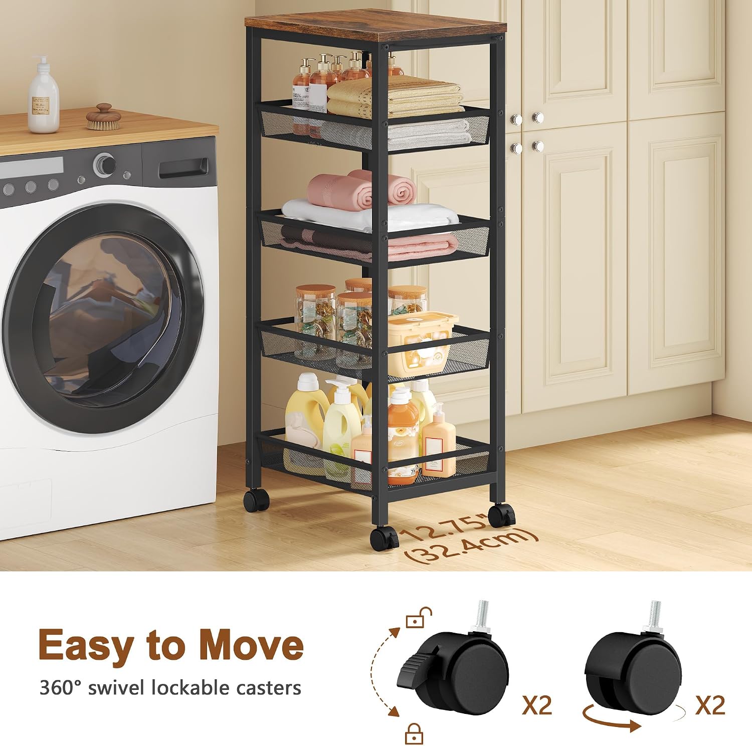 Hoctieon Rolling Storage Cart, 5-Tier 11.8" Wide Panel Kitchen Storage Cart, Utility Carts with Handle & Wheels, Mobile Shelving Unit, Metal Frame Narrow Carts for Home Kitchen, Laundry, Rustic Brown