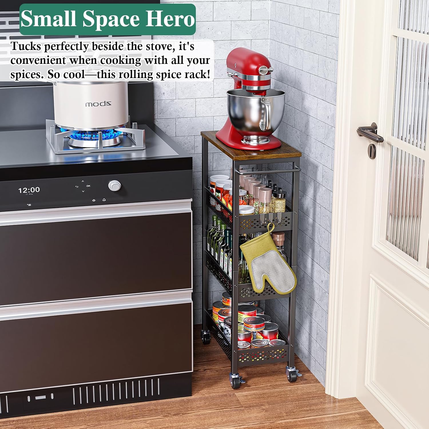 Utility Slim Storage Cart, 4-Tier Narrow Bathroom Organizer and Storage Cart, Metal Narrow Kitchen Laundry Room Organization Rack with Wood Top, Slim Rolling Shelf with Wheels for Small Space